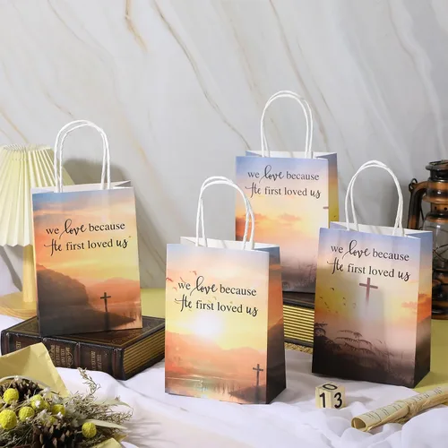 Vista 3 de Zhanmai - 50 bolsas de regalo cristianas a granel, cruz, religioso, versículo bíblico, bolsas de papel inspiradoras con asas para Vbs, fiesta