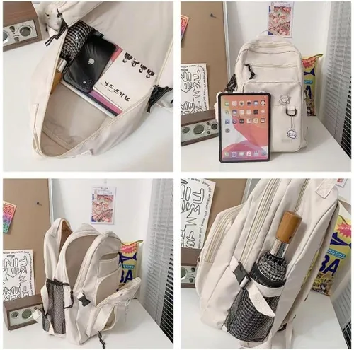 Vista 4 de Mochila estética, linda mochila Kawaii con alfileres y colgante para laptop, mochila casual para mujer, Beige, Mochilas Daypack