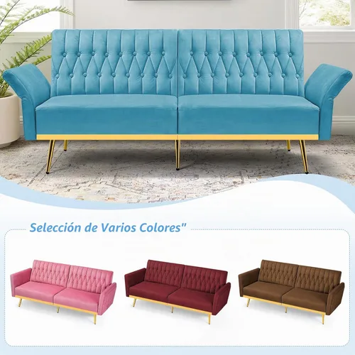 Vista 7 de Sofá cama futón de terciopelo de 70 pulgadas con reposabrazos ajustables, color azul bebé