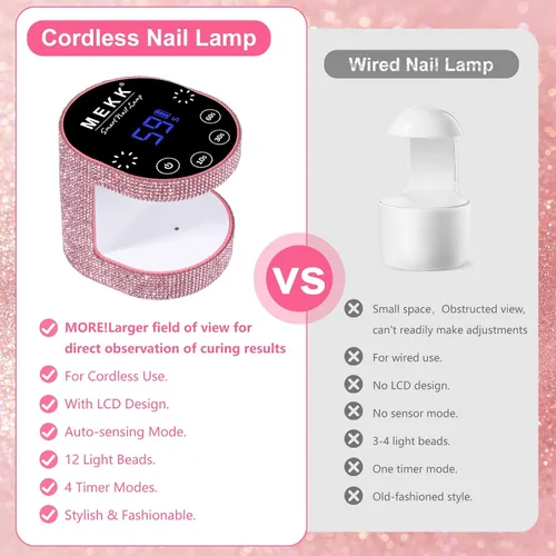 Vista 2 de MEKK Mini luz UV inalámbrica para uñas de gel – Mini lámpara de uñas LED UV recargable de 24 W con control táctil y sensor automático, pequeña