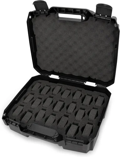 Vista 7 de CASEMATIX Estuche de viaje para reloj con 42 ranuras para portarrollos de reloj, resistente a los impactos con caja de reloj de espuma