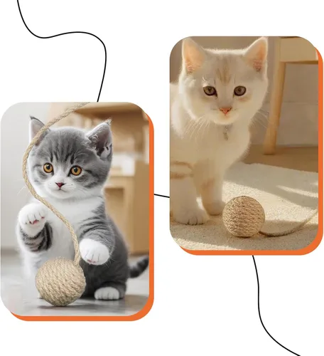 Vista 3 de Pelota de juguete para gatos de 2 pulgadas con cuerda de sisal de 10 pulgadas y campana silenciosa, material de sisal natural para una diversión