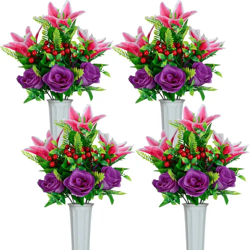 Vista 8 de XONOR Flores artificiales de cementerio para tumba, juego de 4 flores artificiales conmemorativas con jarrón para cementerio al aire libre, lápidas