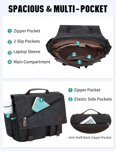 Vista 3 de RAVUO Bolsa de mensajero para hombre, resistente al agua, de lona, 14, 15.6, 17 pulgadas, maletines para laptop, bolsa de hombro de negocios