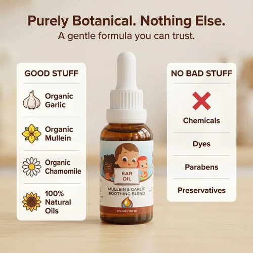 Vista 3 de Punkin Butt Aceite de oído para bebés Ajo orgánico, gordolobo, gotas de caléndula para los oídos seguros para bebés (1 oz)