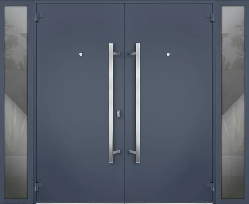 Vista 2 de Puertas dobles de acero precolgadas exteriores delanteras/Deux 0729 Inserto de acero inoxidable de grafito gris/2 ventanas exteriores