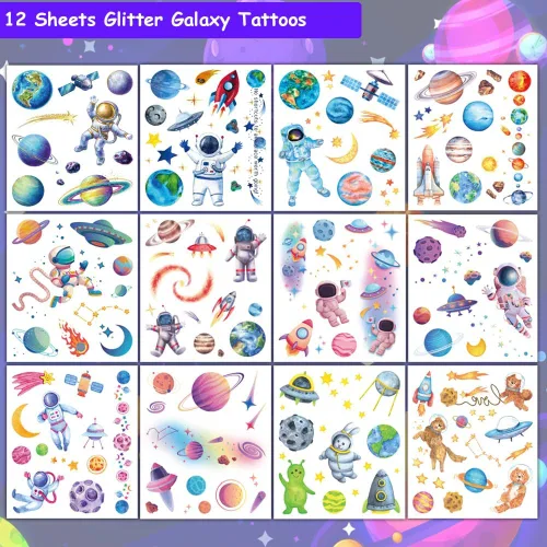 Vista 2 de 120 tatuajes temporales de galaxia con purpurina para niños y niños, 12 hojas de tatuajes del espacio exterior para niños, suministros de fiesta