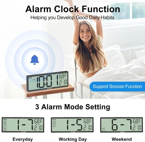 Vista 4 de Reloj de pared digital grande de 14.5 pulgadas, funciona con pilas con números gigantes, DST automático, día, fecha, alarma, temperatura para sala