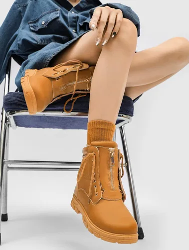 Vista 2 de Dadawen - Botines de trabajo estilo combate para mujer, con puntera redonda, al tobillo, impermeables, con cordones, tacón bajo