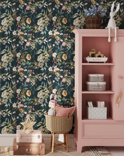 Vista 2 de Papel pintado de flores oscuras Papel tapiz floral autoadhesivo extraíble Papel tapiz de peonías y hojas para despegar y pegar