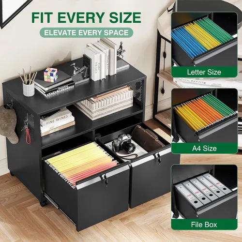 Vista 4 de Archivador de metal con 2 cajones con cerradura, gabinete archivador con soporte para impresora móvil y estantes para archivos de tamaño Negro