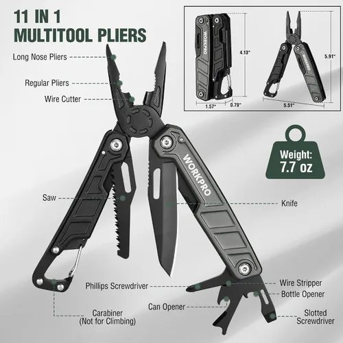Vista 2 de WORKPRO Multiherramienta de 11 en 1 con alicates, clip de bolsillo y funda - Cuchillo multiuso EDC con cierre de seguridad - Cuchillo de bolsillo