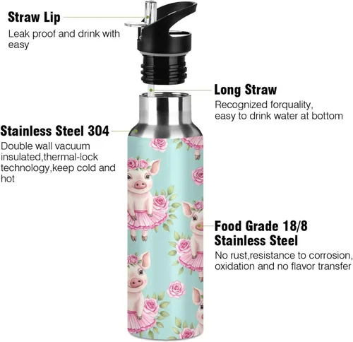 Vista 3 de Cute Watercolor Pigs Flower Crowns Insulated Stainless Steel Water Bottle with Straw 20 Oz Leakproof Water Bottles, BPA-Free Sports Water Bottle