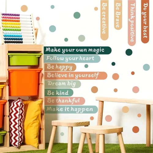 Vista 2 de Colorida calcomanía de pared inspiradora, citas motivacionales, calcomanías de pared con texto positivo para aula, diseño de lunares extraíbles
