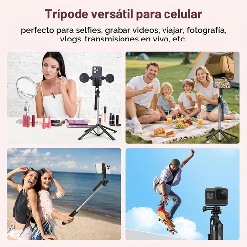 Vista 6 de Kit de vlogging de 70 pulgadas, trípode de metal para selfie stick para trípode con micrófono rosa