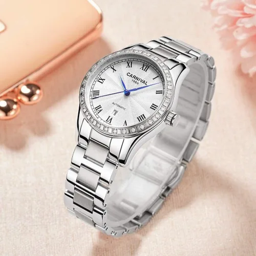 Vista 21 de Reloj mecánico automático para mujer Carnival con banda de acero inoxidable