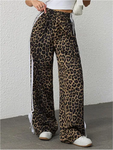 Vista 6 de Floerns Pantalones de pierna ancha con estampado de leopardo a rayas Y2K Marrón oscuro