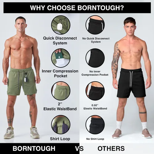 Vista 4 de Born Tough Pantalones cortos de entrenamiento de gimnasio para hombre, entrepierna de 7 pulgadas, pantalones cortos de culturismo atléticos