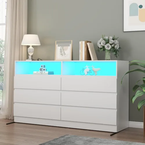 Vista 4 de Gyfimoie - Cómoda blanca de 6 cajones para dormitorio con toma de corriente Blanco