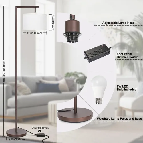 Vista 4 de Lámpara de pie completamente regulable marrón, lámpara de pie de arco para dormitorio con pantalla colgante ajustable y interruptor de pie, lámpara