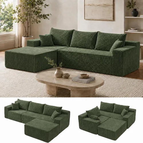 Vista 10 de Sofá modular modular en forma de L de 115 pulgadas con diván, sofá deshuesado con asiento profundo y otomana extraíble, cómodo sofá nube de pana