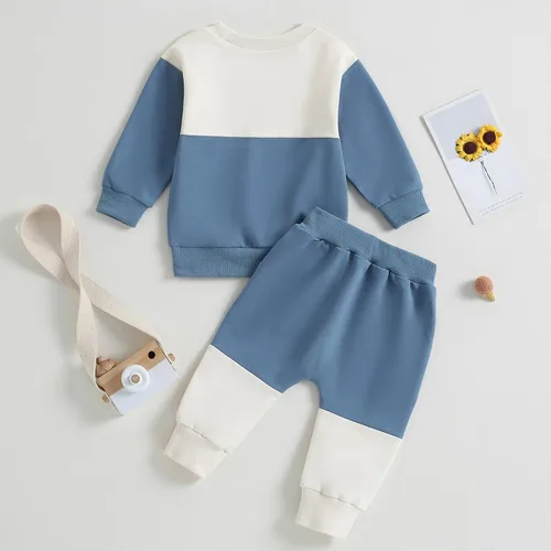Vista 4 de Conjunto de 2 piezas de sudadera y pantalones de manga larga con bloques de color para bebé niño