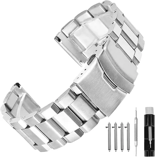 Vista 9 de Extensible de acero inoxidable para reloj, con acabado mate cepillado, de 18mm/20mm/22mm/24mm, doble hebilla, color negro o plateado