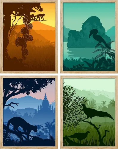 Vista 144 de SIGNWIN Marco de arte de pared de jirafa de safari africano, juego de 4 impresiones coloridas de paisaje, decoración de pared de naturaleza