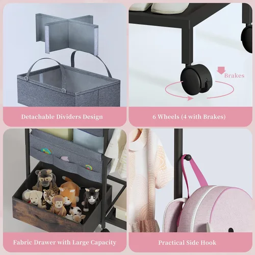 Vista 6 de Organizador de pañales para bebé, carrito rodante de 3 niveles con estante de ropa para niños, carrito de utilidad móvil con divisores y cajones