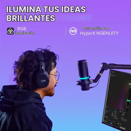 Vista 5 de HyperX DuoCast - Micrófono condensador USB RGB para PC, PS5, PS4, Mac, montaje de choque de bajo perfil, cardioide, omnidireccional, filtro pop
