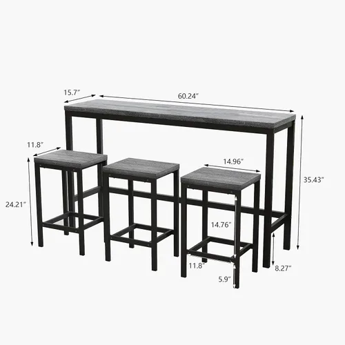 Vista 7 de Harper & Bright Designs Juego de mesa de comedor de 4 piezas, mesa de comedor de madera maciza de 60.2 pulgadas de largo con 3 taburetes y marco