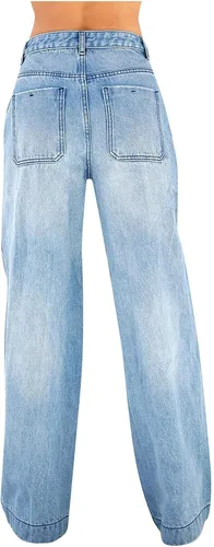 Vista 2 de Jeans casuales de pierna ancha para mujer, pantalones largos de mezclilla de cintura alta, pantalones holgados de moda con bolsillos, Azul oscuro