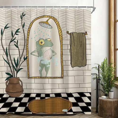 Vista 9 de Juego de cortina de ducha divertida con diseño de ranas para el baño 60x72 pulgadas, cortina de ducha retro linda con diseño de ranas, cortina