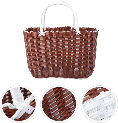 Vista 8 de Cabilock Cesta de plástico para mujer, bolsa de playa para mujer, 1 unidad, organizador de tejido, bolsa de compras, compras para comestibles Kahki