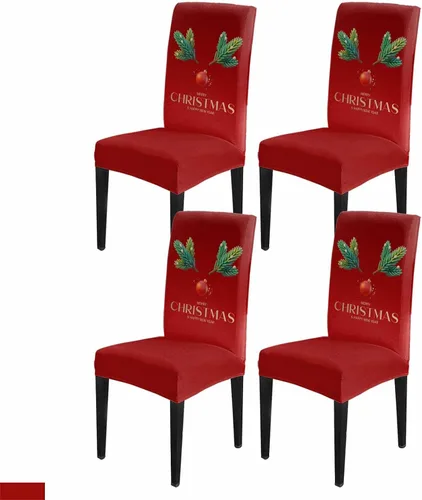 Vista 32 de Savannan - Juego de 4 fundas para sillas de árbol de Navidad, bolas de copos de nieve de color rojo invierno, fundas elásticas para sillas Parsons