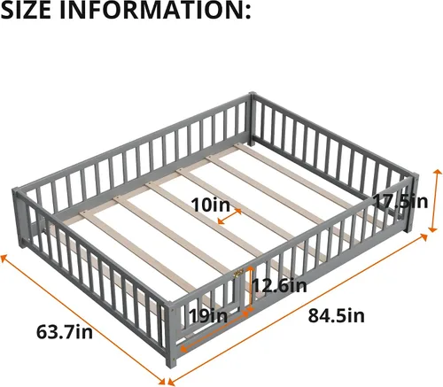 Vista 2 de Cama de plataforma de suelo tamaño Queen con barandillas y puerta en forma de valla, marco de cama de madera maciza con 7 listones de soporte, marco