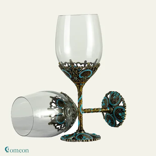 Vista 4 de Copas de vino transparentes hechas a mano, copas de vino tinto, juego de 2 Copas florales esmaltadas en azul, diseño artesanal, juego de 2