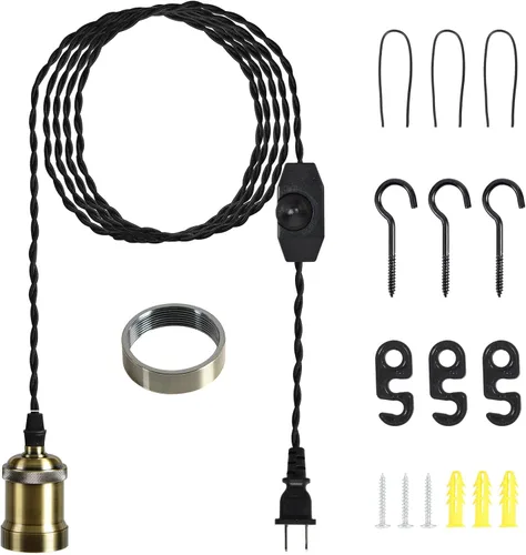 Vista 9 de Kit de cable de luz colgante enchufable con interruptor regulador, luces colgantes estilo granja, cable de alimentación de 19.69 pies de largo