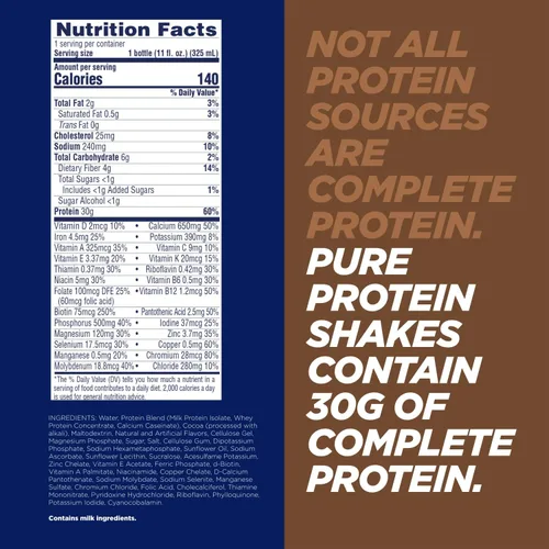 Vista 2 de Pure Protein Batido de proteína de chocolate, 1.06 oz de proteína completa, listo para beber y apto para dieta cetogénica, vitaminas A, C, D y E más
