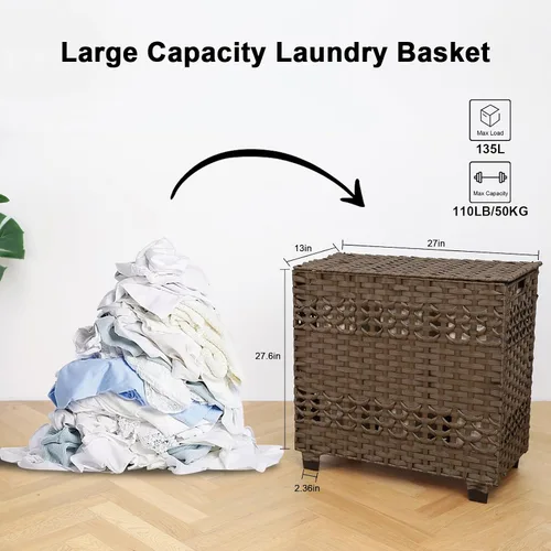 Vista 3 de OIAHOMY Cesta de lavandería con tapa, cesta de ropa de 140 litros con 3 bolsas extraíbles con forro, cesta plegable con tapa, cesta de mimbre Marrón