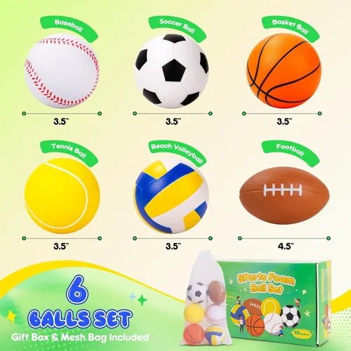 Vista 2 de PlayZap Paquete de 6 pelotas para niños pequeños, juego de pelotas suaves de espuma, 3.5 pulgadas, pequeñas, fútbol, baloncesto, béisbol, fútbol