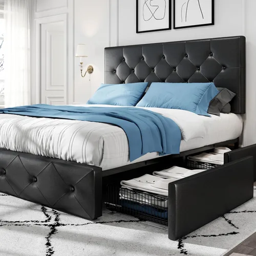 Vista 17 de HOOMIC Base de cama de almacenamiento de plataforma de tamaño matrimonial con 4 cajones y cabecera ajustable, listones de madera, no necesita Blanco