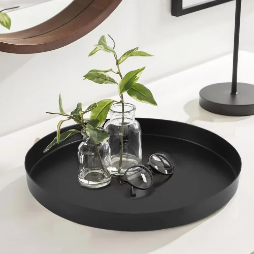 Vista 6 de Bandeja redonda de metal negro para velas, bandeja de servir decorativa para decoraciones modernas de hogar de granja (11.8")