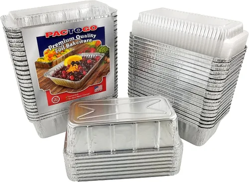 Vista 9 de PACTOGO Moldes de papel de aluminio de 2 libras para pan/pan con tapa de cúpula transparente (paquete de 12 juegos)