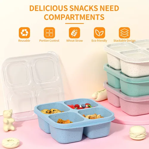 Vista 5 de Cajas Bento para Aperitivos (Paquete de 4) - Contenedores Reutilizables de 4 Compartimentos para Preparación de Comida para Niños y Adultos