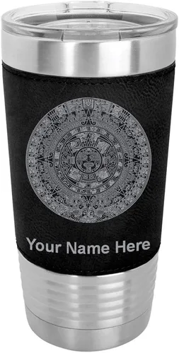 Vista 21 de LaserGram Vaso aislado al vacío de 20 onzas, calendario azteca, grabado personalizado incluido (piel sintética, estilo béisbol)