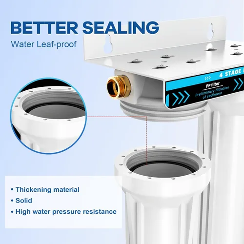 Vista 7 de Sistema de filtro de agua doble para RV, sistema de filtración de agua de 4 capas y 2 etapas, elimina sedimentos, cloro, metales pesados, olores