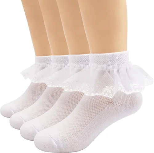 Vista 22 de Looching 4 pares de calcetines de encaje de princesa de algodón con volantes sólidos para niñas pequeñas