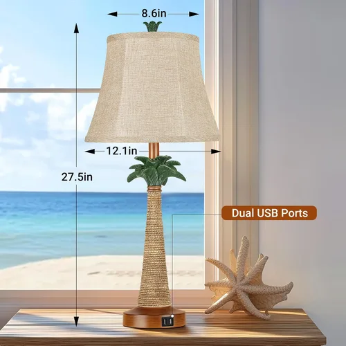 Vista 6 de Hamucd Juego de 2 lámparas de mesa con palmera costera con 2 puertos USB para sala de estar, playa, lámparas náuticas para mesita de noche