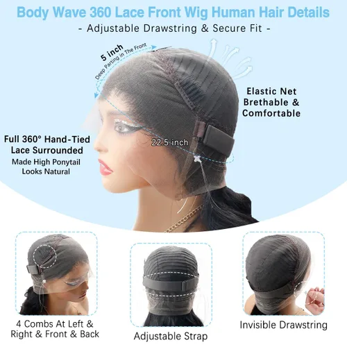 Vista 4 de Pelucas de Encaje Frontal 360 Cabello Humano Densidad 220% Correas Ocultas Ondas del Cuerpo Pelucas de Encaje Frontal HD con Cordón Pelucas